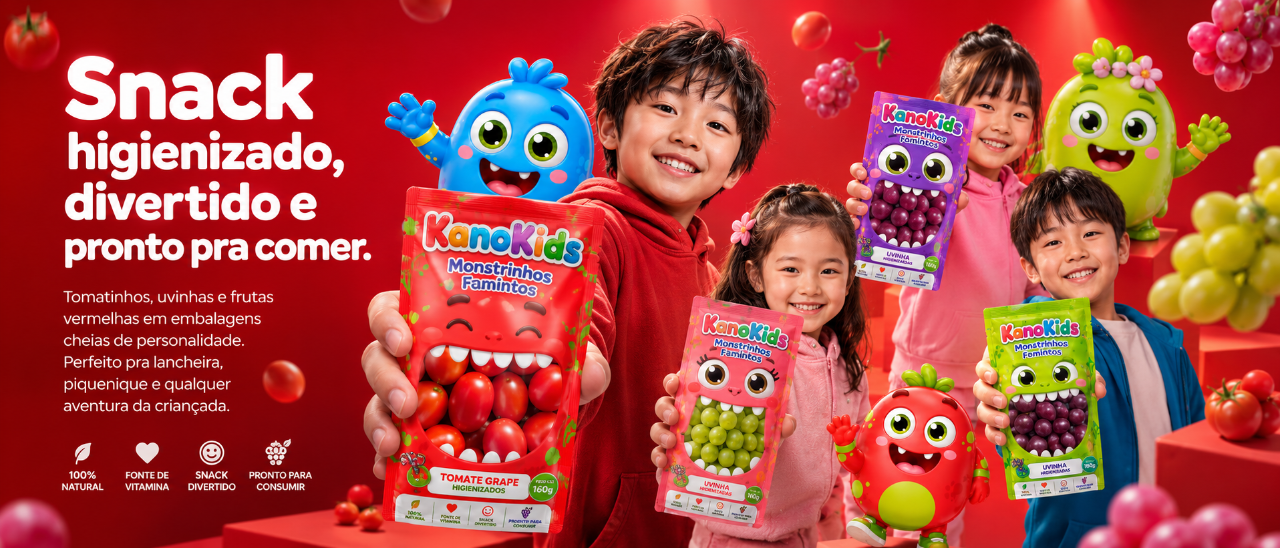 KanoKids — snack higienizado, divertido e pronto pra comer (fundo vermelho)