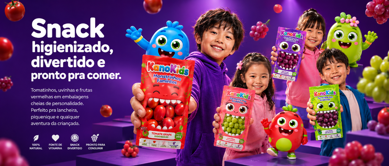 KanoKids — snack higienizado, divertido e pronto pra comer (fundo roxo)