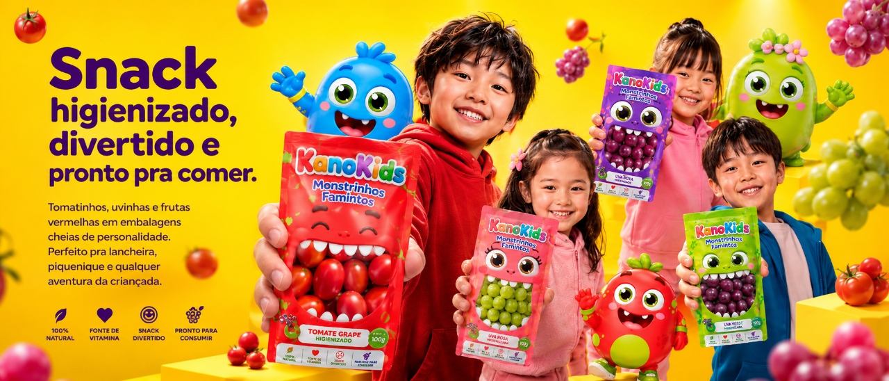 KanoKids — snack higienizado, divertido e pronto pra comer (fundo amarelo)